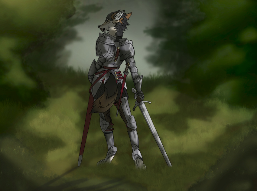 aggression angry anthro armor bared_teeth canid canine canis crowsfire defensive equipment female forest fur grass hi_res history holding_object holding_weapon light mammal melee_weapon nature nature_background outside plant solo standing sword teeth teeth_showing tree weapon wolf