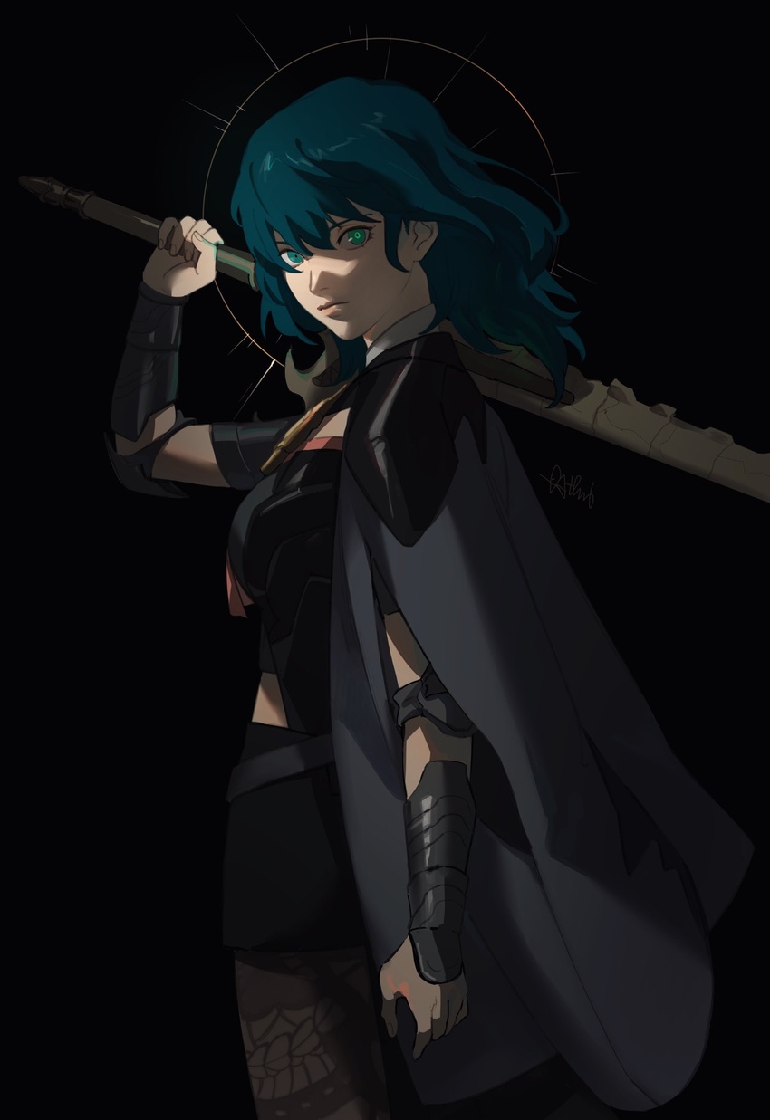 black_background blue_hair breasts byleth_(female)_(fire_emblem) byleth_(fire_emblem) cape commentary_request cowboy_shot female fire_emblem fire_emblem:_three_houses from_side green_eyes highres large_breasts looking_at_viewer medium_hair pantyhose roru_(lol_dessin) signature solo sword_of_the_creator vambraces weapon