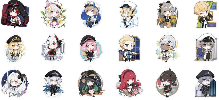 artist_request ayla_(punishing:_gray_raven) bamboo bianca_(punishing:_gray_raven) black_hair blonde_hair cape captain_uniform chair changyu_(punishing:_gray_raven) chibi chrome_(punishing:_gray_raven) flower grey_hair hair_ornament hairclip headband heterochromia highres horns kamui_(punishing:_gray_raven) karenina_(punishing:_gray_raven) lee_(punishing:_gray_raven) liv_(punishing:_gray_raven) lucia_(punishing:_gray_raven) luna_(punishing:_gray_raven) moon nanami_(punishing:_gray_raven) official_art paint paintbrush painting_(action) patterned_background plant ponytail punishing:_gray_raven qu_(punishing:_gray_raven) red_hair rose sophia_(punishing:_gray_raven) stairs star_(symbol) star_print tea twintails uniform vera_(punishing:_gray_raven) watanabe_(punishing:_gray_raven) white_hair window