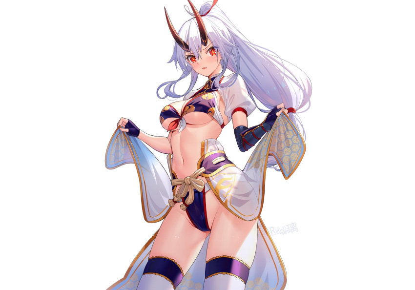 armor bikini blush breasts cleavage cropped elbow_gloves fate/grand_order fate_(series) gloves horns japanese_clothes long_hair ponytail red_eyes ririko samurai see_through skirt_lift swimsuit thighhighs tomoe_gozen underboob watermark white white_hair