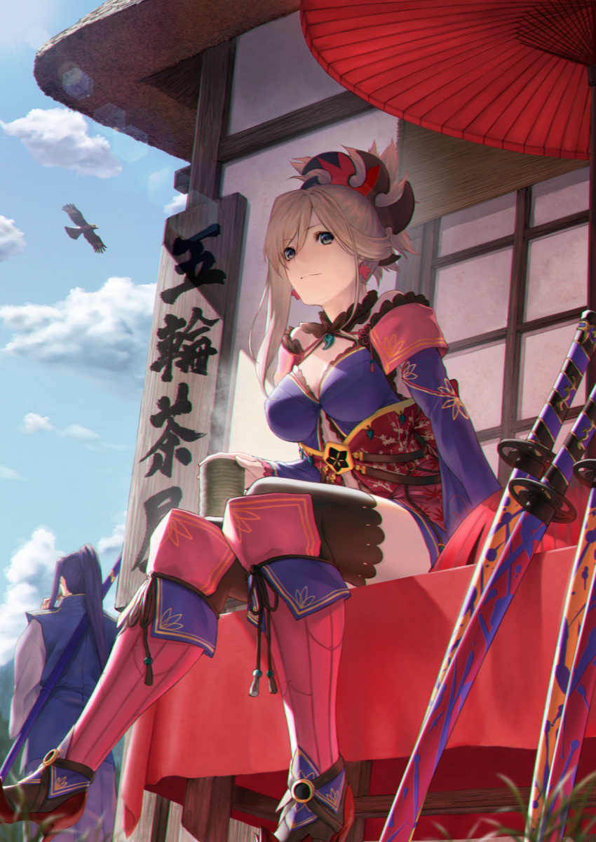 1boy asymmetrical_hair bird black_thighhighs blue_eyes blue_hair blue_kimono blue_sky building clothing_cutout commentary_request cup day earrings fate/grand_order fate_(series) female folded_ponytail grey_hair hawk highres holding holding_cup japanese_clothes jewelry katana kimono leaf_print magatama maple_leaf_print miyamoto_musashi_(fate) miyamoto_musashi_(third_ascension)_(fate) monohoshizao mugetsu2501 navel_cutout outdoors pink_hair ponytail sasaki_kojirou_(fate) scabbard sheath sheathed single_sidelock sitting sky solo_focus sword thighhighs weapon wide_sleeves