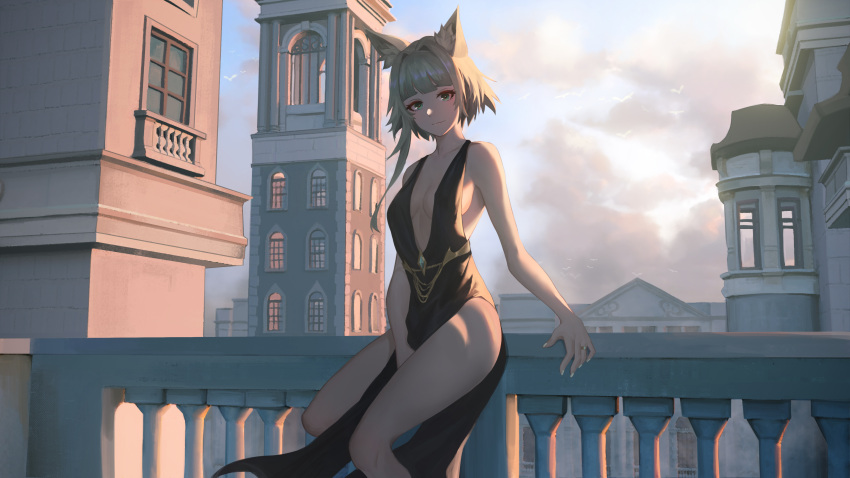 absurdres alternate_costume animal_ear_fluff animal_ears architecture arknights balcony bare_hips bare_legs bare_shoulders between_legs black_dress blunt_bangs breasts breasts_apart cat_ears center_opening chinese_commentary closed_mouth cloud cloudy_sky cola-alter commentary dress evening_gown eyebrows_hidden_by_hair eyelashes feet_out_of_frame female gem green_eyes hair_intakes hand_between_legs highleg highleg_dress highres jewelry kal'tsit_(arknights) looking_at_viewer medium_breasts nail_polish no_bra pelvic_curtain plunging_neckline ring short_hair sideboob sidelighting sky smile solo standing tower window