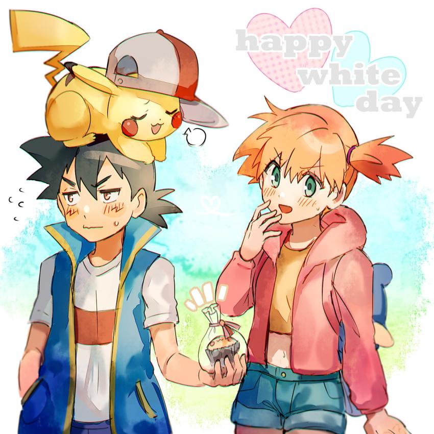 1boy :d baseball_cap black_hair blue_jacket blush brown_eyes buttons closed_mouth clothed_pokemon commentary eyelashes female flying_sweatdrops green_eyes hair_tie hand_up hat holding hood hooded_jacket jacket kash-phia kasumi_(pokemon) long_sleeves looking_away navel notice_lines on_head open_mouth orange_hair pikachu pink_jacket pokemon pokemon_(anime) pokemon_(classic_anime) pokemon_(creature) pokemon_journeys pokemon_on_head satoshi_(pokemon) shirt short_shorts short_sleeves shorts side_ponytail sleeveless sleeveless_jacket smile sweatdrop t-shirt white_day white_shirt yellow_shirt