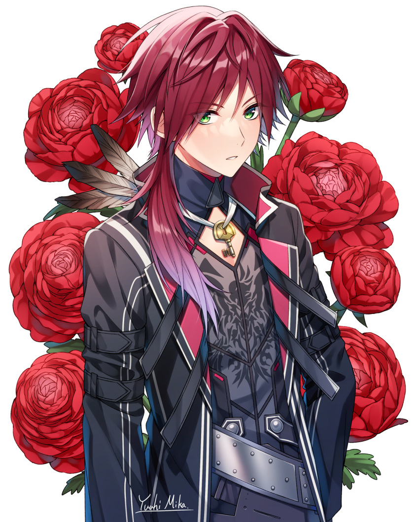 1boy arm_belt black_jacket eyes_visible_through_hair feathers flower gradient_hair green_eyes hair_behind_ear highres jacket jewelry key key_necklace lauren_iroas lauren_iroas_(1st_costume) long_hair long_sleeves male_focus multicolored_hair necklace nijisanji open_clothes open_jacket parted_lips ponytail ranunculus red_flower red_hair signature solo upper_body virtual_youtuber white_background yuuhi_mika