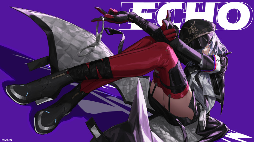 absurdres alisa:_echo_(punishing:_gray_raven) alisa_(punishing:_gray_raven) belt boots cuffs female finger_gun garter_straps gloves handcuffs hat head_tilt highres jacket looking_at_viewer necktie one_eye_covered police punishing:_gray_raven purple_hair sitting solo wu_lun_wujin