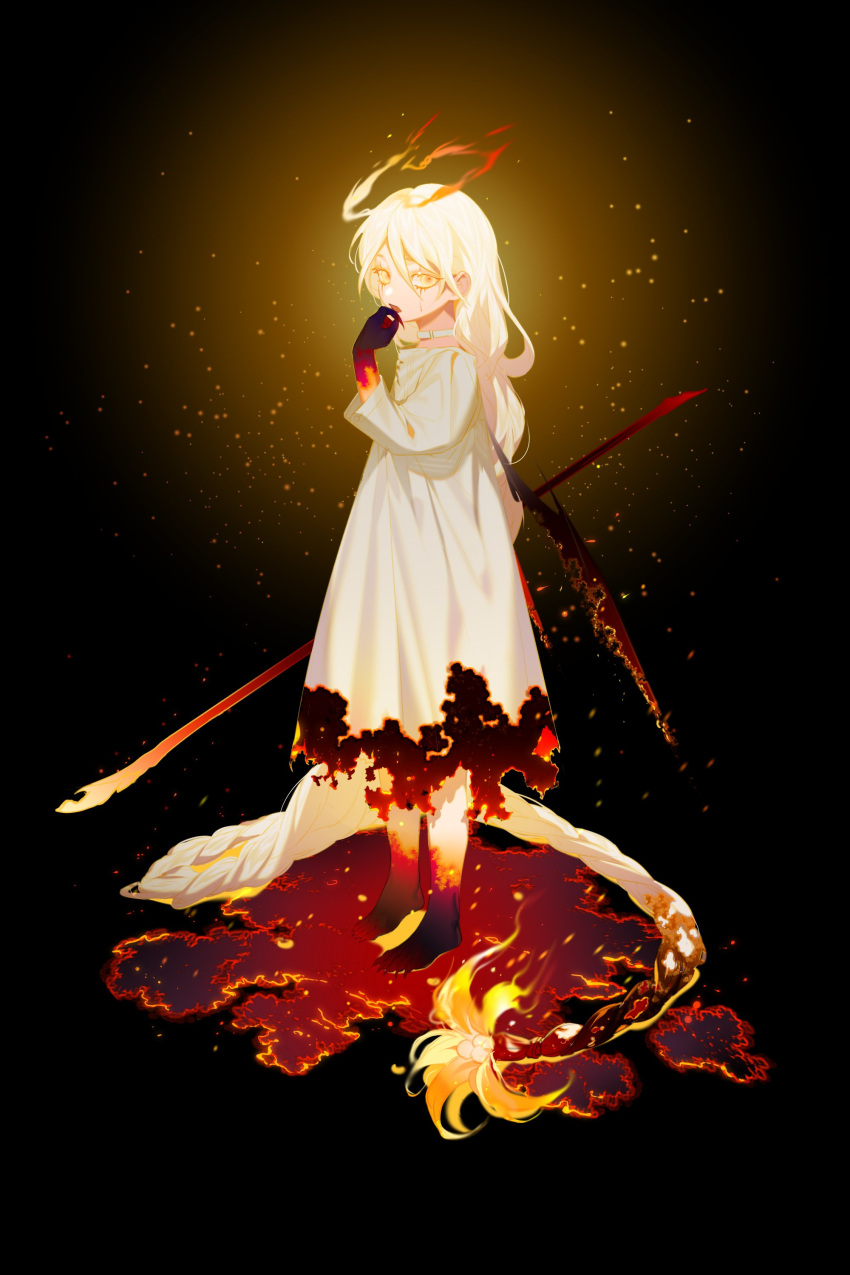 absurdly_long_hair absurdres barefoot black_background blood blood_on_hands braid braided_ponytail burning burnt burnt_clothes burnt_hair burnt_wings commentary crying dress embers female fingernails fire from_side full_body hair_between_eyes halo hand_up harrymiao highres holding licking licking_own_finger light_particles lolicon long_fingernails long_hair long_sleeves long_toenails looking_at_viewer original pole sharp_toenails simple_background single_braid solo standing streaming_tears tears toenails tongue tongue_out torn_clothes very_long_hair white_dress white_hair wide-eyed wings witch yellow_eyes