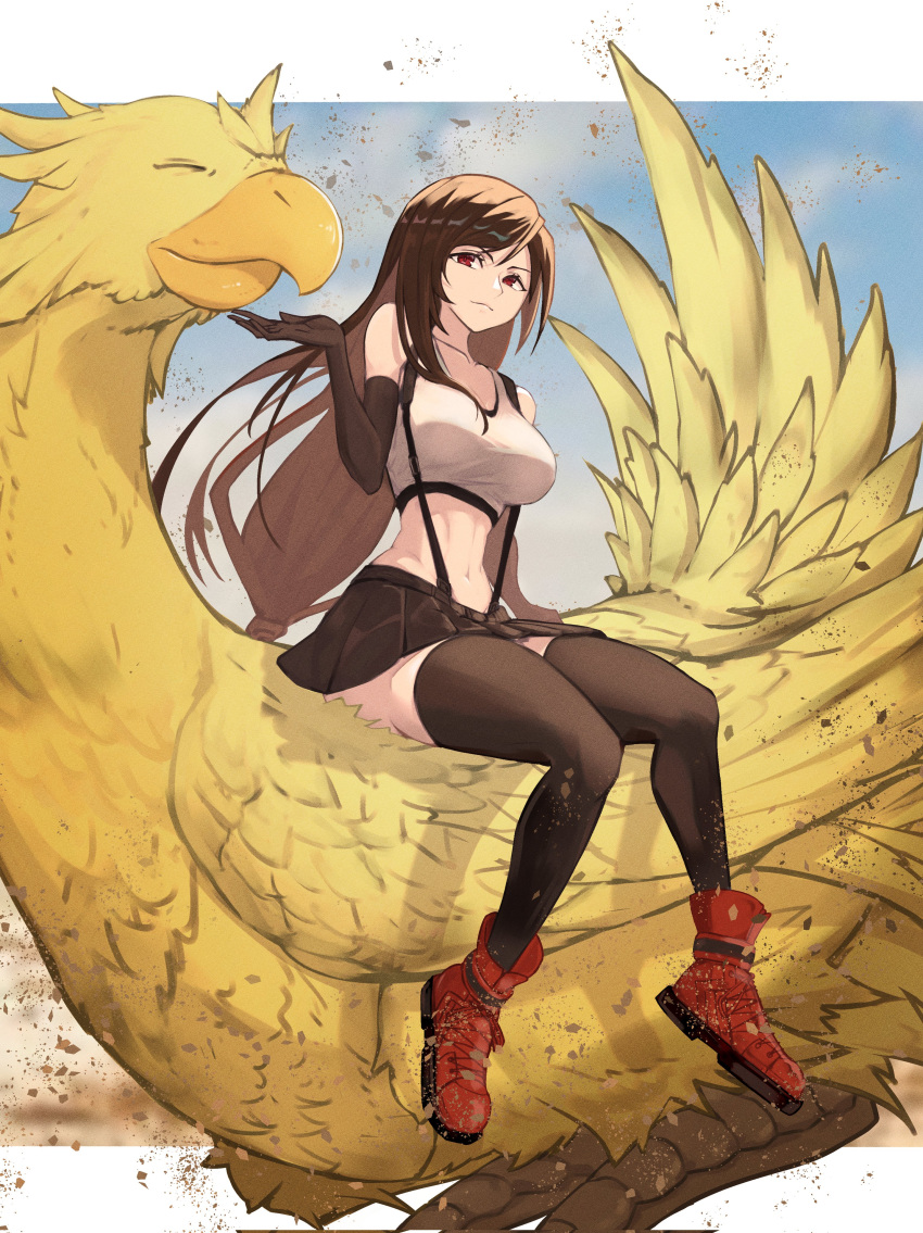 absurdres bare_shoulders bird black_gloves black_hair black_skirt black_sports_bra black_thighhighs breasts chocobo cleavage closed_eyes collarbone crop_top elbow_gloves female final_fantasy final_fantasy_vii final_fantasy_vii_remake full_body gloves highres large_breasts letterboxed long_hair looking_at_viewer low-tied_long_hair midriff miniskirt navel pleated_skirt red_eyes red_footwear rubbing_neck shirt sitting skirt sleeveless sleeveless_shirt sports_bra swept_bangs tank_top temoc thighhighs tifa_lockhart underwear white_shirt zettai_ryouiki