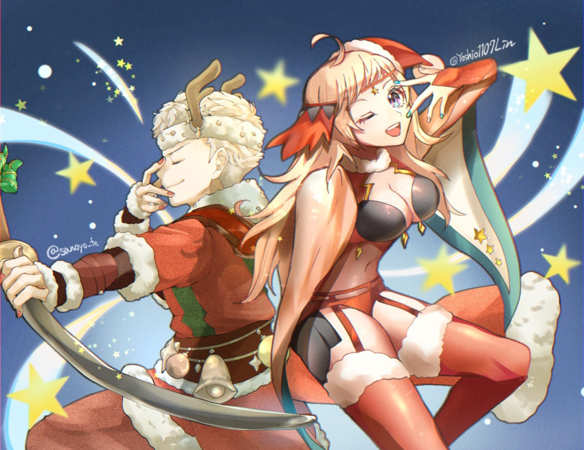 1boy ahoge antlers blonde_hair bodystocking breasts christmas collaboration father_and_daughter female fire_emblem fire_emblem_fates garter_straps hat horns medium_breasts ophelia_(fire_emblem) owain_(fire_emblem) panties red_panties reindeer_antlers sakura_no_yoru santa_costume santa_hat thighhighs underwear youhei_choregi