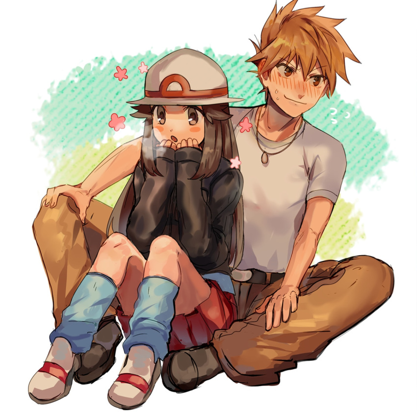 1boy belt belt_buckle black_footwear black_jacket blue_legwear blue_oak blush breath brown_eyes brown_hair brown_pants buckle commentary female hands_up hat highres jacket jewelry kash-phia leaf_(pokemon) leg_warmers long_hair long_sleeves miniskirt necklace orange_hair pants pokemon pokemon_frlg pokemon_hgss red_skirt shirt shoes short_sleeves sitting skirt spiked_hair spread_legs t-shirt white_footwear white_headwear