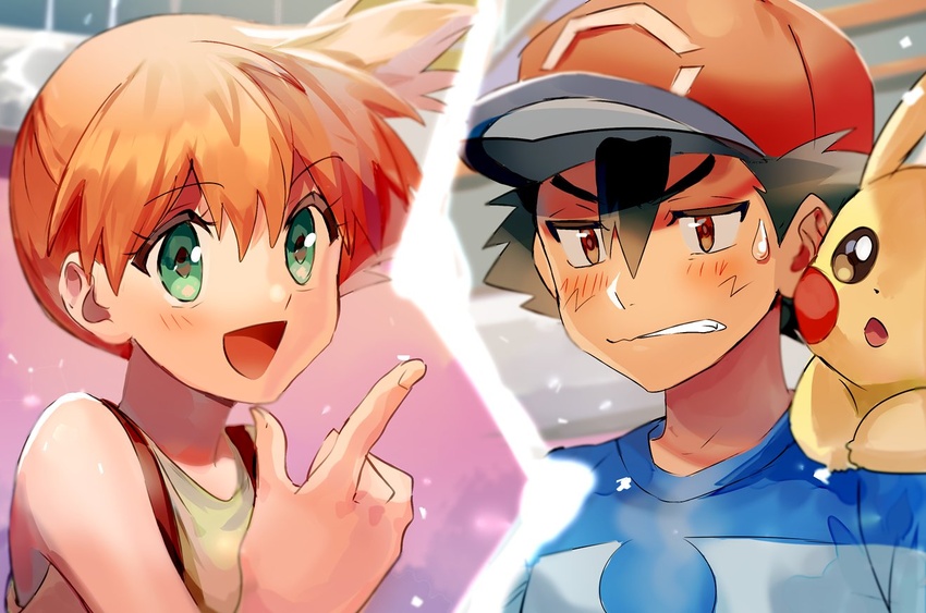 1boy :d baseball_cap black_hair blue_shirt blush brown_eyes clenched_teeth commentary female green_eyes hair_between_eyes hat kash-phia kasumi_(pokemon) open_mouth orange_hair parted_lips pikachu pokemon pokemon_(anime) pokemon_(classic_anime) pokemon_(creature) pokemon_sm_(anime) satoshi_(pokemon) shirt short_hair smile striped_clothes striped_shirt suspenders t-shirt teeth tongue upper_body yellow_shirt