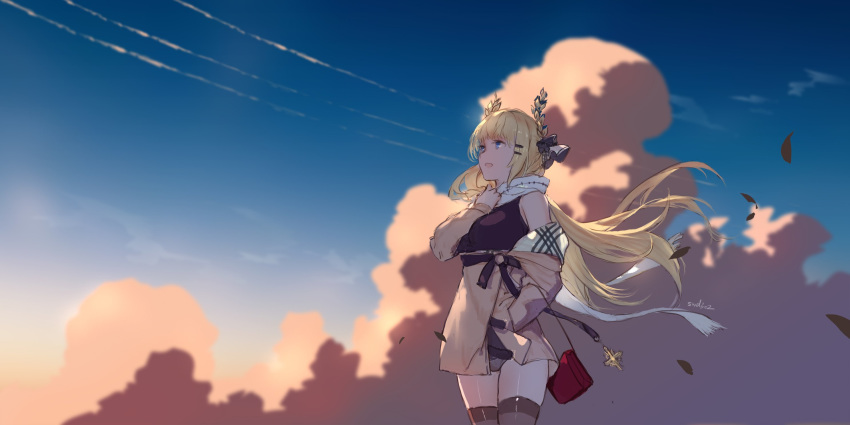 :d azur_lane bag bare_shoulders black_shirt blonde_hair blue_eyes blue_sky blurry breasts brown_coat brown_thighhighs cloud coat commentary contrail cowboy_shot day female floating_hair grey_panties hair_ornament hairclip hand_in_pocket hand_up handbag highres large_breasts laurel_crown leaf long_hair long_sleeves looking_away looking_up off_shoulder open_mouth outdoors panties scarf shirt signature sky sleeveless sleeveless_shirt smile solo standing swd3e2 thighhighs thighs underwear very_long_hair victorious_(azur_lane) victorious_(the_goddess'_day_off)_(azur_lane) white_scarf wide_shot