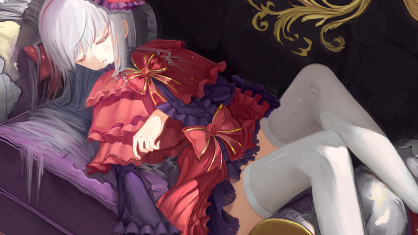 closed_eyes commentary_request dress female hat highres k-project kushina_anna liuliyu lolita_fashion long_hair parted_lips photoshop_(medium) red_dress sleeping solo thighhighs white_hair white_thighhighs