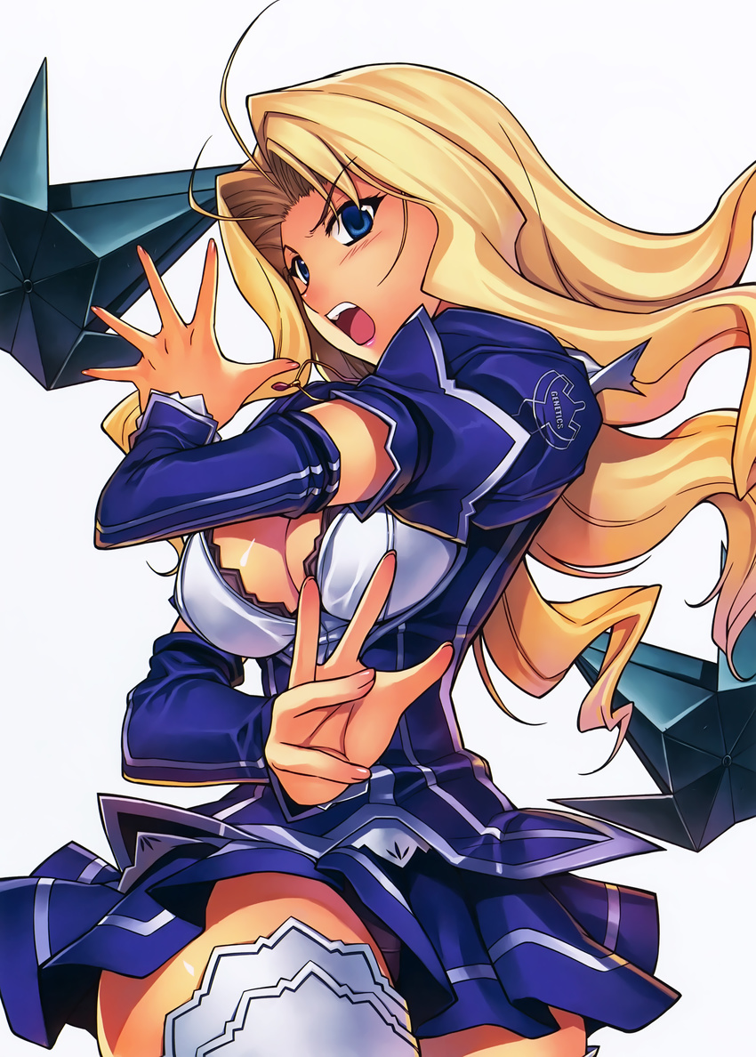 absurdres antenna_hair blonde_hair blue_eyes blush boots breasts cleavage cleavage_cutout clothing_cutout detached_sleeves dress elbow_gloves elizabeth_mayberry female freezing_(series) gloves highres jewelry kim_kwang_hyun large_breasts long_hair looking_at_viewer necklace no_bra official_art open_mouth photoshop_(medium) puffy_short_sleeves puffy_sleeves scan shirt short_sleeves skirt solo thigh_boots thighhighs