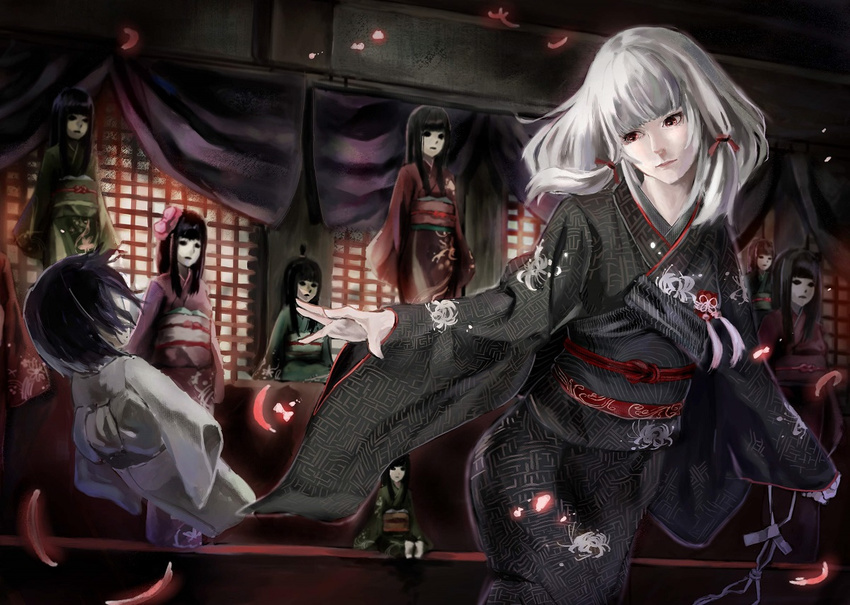 albino bad_id bad_pixiv_id black_kimono blunt_bangs doll fatal_frame fatal_frame_5 female flat_chest floral_print hair_ribbon japanese_clothes kimono long_sleeves red_eyes ribbon ryouma_(rym_vrite) sash shiragiku_(fatal_frame) short_hair sidelocks solo spider_lily_print tress_ribbon white_hair