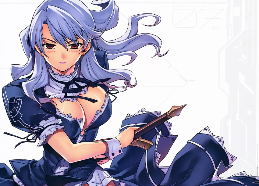 absurdres blue_hair blush bow breasts character_name cleavage cleavage_cutout clothing_cutout dress earrings female freezing_(series) highres holly_rose jewelry kim_kwang_hyun large_breasts lipstick long_hair long_skirt looking_at_viewer makeup no_bra official_art photoshop_(medium) puffy_short_sleeves puffy_sleeves scan school_uniform shirt short_sleeves skirt solo sword weapon