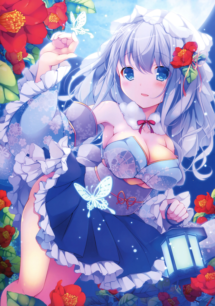 absurdres blue_eyes blue_hair blue_skirt blush breasts bug butterfly cleavage covered_nipples dutch_angle female flower frilled_skirt frills full_moon hair_between_eyes hair_flower hair_ornament hand_up highres holding holding_lantern japanese_clothes lantern large_breasts light_smile long_hair looking_at_viewer moon night obi original outdoors parted_lips red_flower sash scan skirt smile solo standing thighs veil yumemiya_subaru