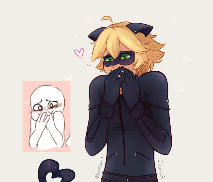 1boy adrien_agreste animal_ears blonde_hair bodysuit cat_ears chat_noir fake_animal_ears green_eyes hands_over_mouth heart heart_tail male_focus miraculous_ladybug signature smile solo sweet-childhood-dreams tail