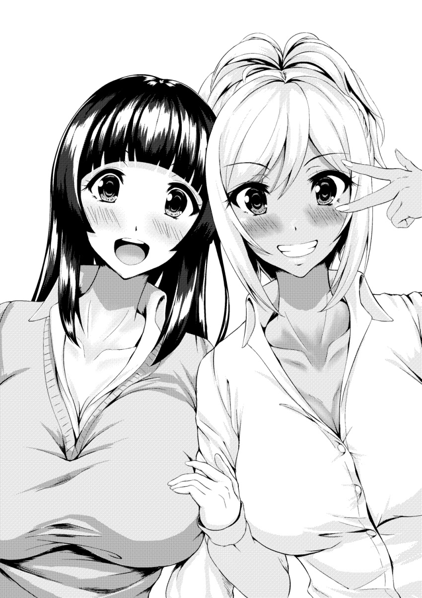 2girls :d arm_at_side blunt_bangs blush breasts cardigan cleavage collarbone collared_shirt commentary_request dress_shirt eyelashes fingernails greyscale grin gyaru hair_between_eyes hand_up heads_together highres huge_breasts kogal large_breasts long_fingernails long_hair long_sleeves looking_at_viewer makeup monochrome multiple_girls no_bra open_mouth ponytail pose school_uniform shirt smile standing straight_hair tama_(tamakaka1031) teeth upper_body upper_teeth_only v v_over_eye