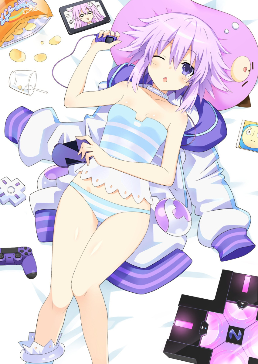 ;o bare_shoulders blush breasts chips_(food) d-pad d-pad_hair_ornament female food game_console hair_ornament handheld_game_console highres jacket looking_at_viewer lying nepgyaa neptune_(neptunia) neptune_(series) on_back on_bed one_eye_closed open_mouth panties potato_chips pudding purple_eyes purple_hair short_hair solo spoon strapless striped_clothes striped_panties thighhighs tube_top underwear unworn_hair_ornament unworn_jacket zero_(ray_0805)