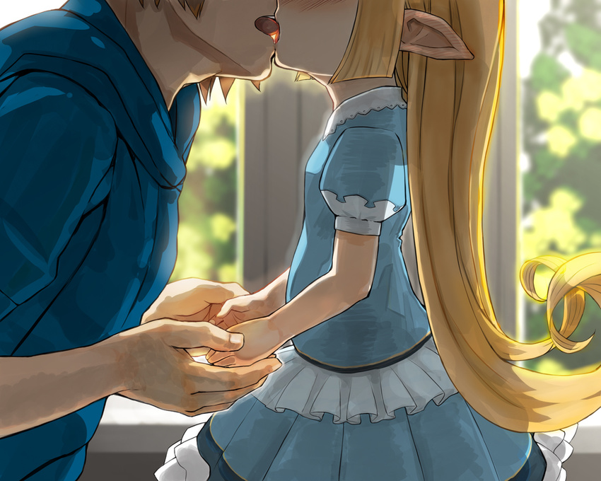 1boy blonde_hair blurry blurry_background blush charlotta_(granblue_fantasy) commentary_request dress ear_blush female french_kiss gran_(granblue_fantasy) granblue_fantasy harvin head_out_of_frame height_difference holding_hands kissing long_hair pointy_ears puffy_short_sleeves puffy_sleeves short_sleeves size_difference straight tongue walkalone