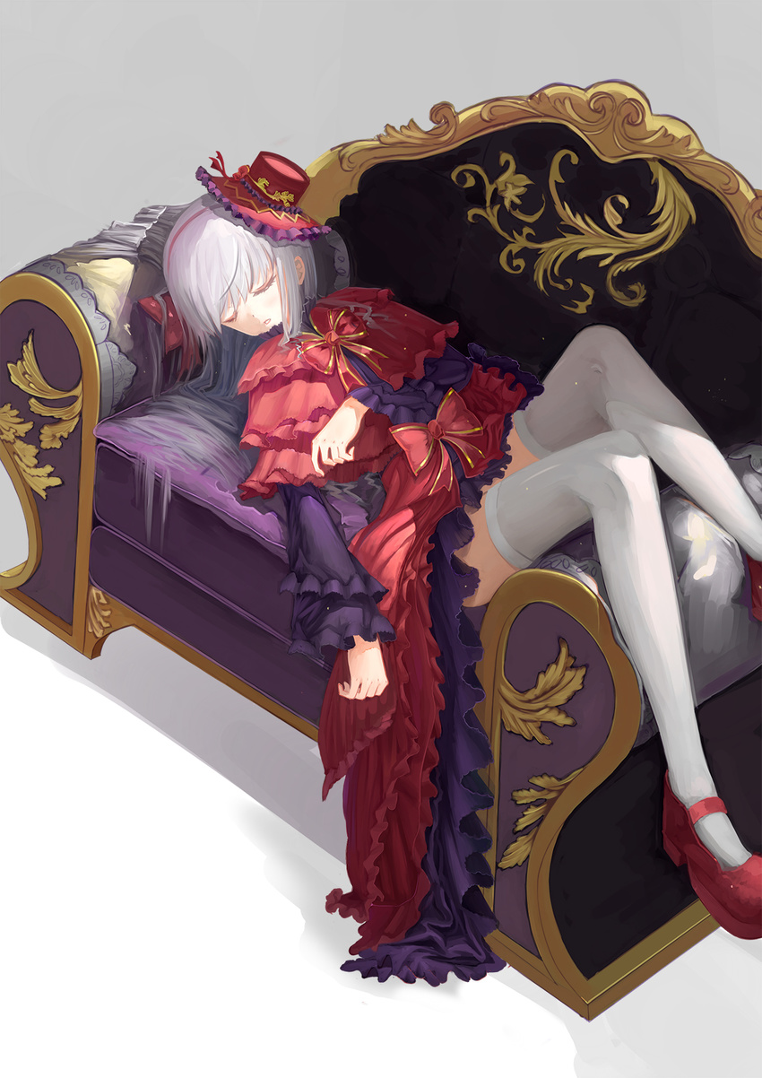 closed_eyes commentary_request dress female hat highres k-project kushina_anna liuliyu lolita_fashion long_hair parted_lips photoshop_(medium) red_dress sleeping solo thighhighs white_hair white_thighhighs