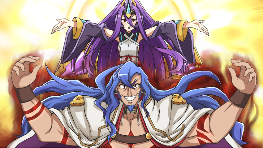 1boy :< arc_system_works aura azrael_(blazblue) blazblue blue_hair blush breasts cape detached_sleeves facial_hair female grin hades_izanami headgear long_hair looking_at_viewer mikado_(blazblue) naginoya open_mouth ponytail purple_hair red_eyes sideboob smile tattoo triangle_mouth very_long_hair