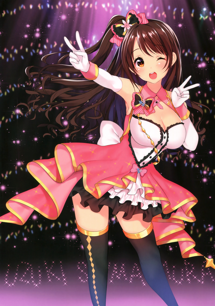 ;d absurdres bare_shoulders black_thighhighs blush bow breasts brown_eyes brown_hair buttons character_name cleavage contrapposto double_v dress earrings elbow_gloves eyelashes female frilled_dress frilled_skirt frills gloves hairbow hands_up highres idolmaster idolmaster_cinderella_girls jewelry large_breasts legs_apart long_hair looking_at_viewer mataro_(matarou) medium_breasts one_eye_closed one_side_up open_mouth pink_bow round_teeth scan shimamura_uzuki showgirl_skirt skirt sleeveless sleeveless_dress smile solo sparkle stage_of_magic_(idolmaster) standing striped striped_bow teeth thighhighs upper_teeth_only v white_gloves