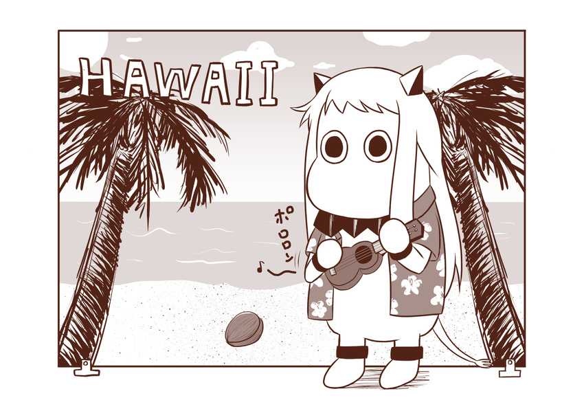 abyssal_ship backdrop commentary cosplay eighth_note english_text hawaiian_shirt horns instrument kantai_collection long_hair mittens monochrome moomin muppo musical_note no_humans northern_ocean_princess northern_ocean_princess_(cosplay) palm_tree sazanami_konami shirt solid_circle_pupils tree ukulele