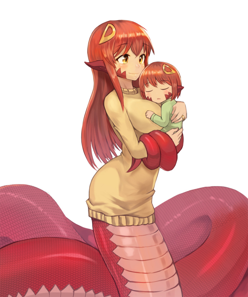 2girls bad_id bad_pixiv_id breasts carrying cherry_(snekfag) commission hair_ornament hairclip highres jewelry lamia large_breasts long_hair miia_(monster_musume) monster_girl monster_musume_no_iru_nichijou mother_and_daughter multiple_girls original photoshop_(medium) pointy_ears red_hair ring scales short_hair simple_background sleeping slit_pupils smile sookmo sweater wedding_ring white_background yellow_sweater