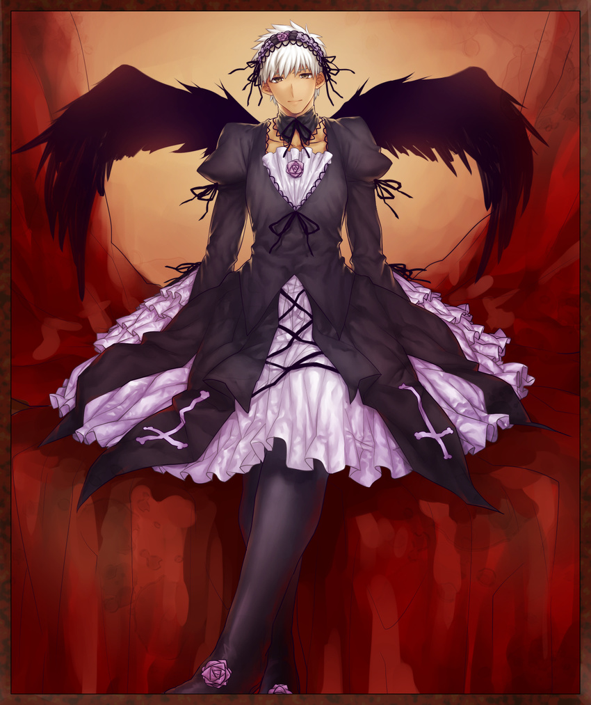 1boy archer_(fate) bad_id bad_pixiv_id cosplay dark-skinned_male dark_skin dress fate_(series) gothic_lolita grey_eyes hairband highres lolita_fashion male_focus rozen_maiden solo suigintou suigintou_(cosplay) vulture_(washizu0808) white_hair wings