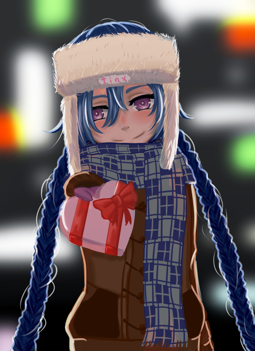 blue_hair blush box braid character_name commentary_request female fur_hat hair_between_eyes hat heart-shaped_box highres jinx_(league_of_legends) league_of_legends long_hair looking_at_viewer mittens outstretched_hand photoshop_(medium) purple_eyes scarf smile solo twin_braids ushanka valentine winter_clothes wukun