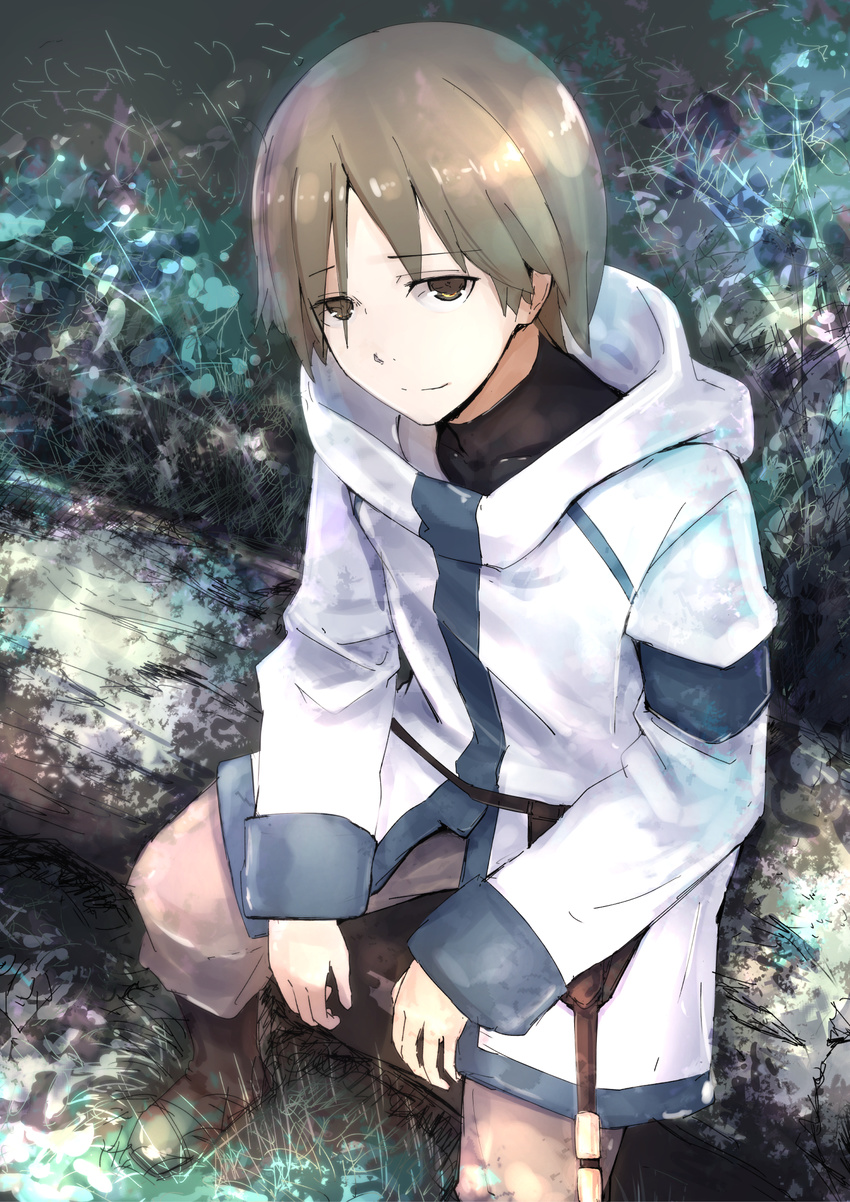 1boy brown_eyes brown_hair cloak commentary_request hai_to_gensou_no_grimgar highres hood hooded_cloak male_focus manato_(grimgar) mankun sitting smile solo tree_stump turtleneck