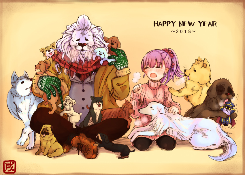 2018 afghan_hound biting breath canine colonel_olcott_(fate) commentary_request contemporary dachshund fate/grand_order fate_(series) glove_biting gloves happy_new_year harupippo helena_blavatsky_(fate) highres husky lion lion_boy lion_hair multiple_dogs new_year newfoundland ponytail pug purple_hair scarf shiba_inu st_bernard sweat sweater thomas_edison_(fate) tongue tongue_out too_many too_many_dogs