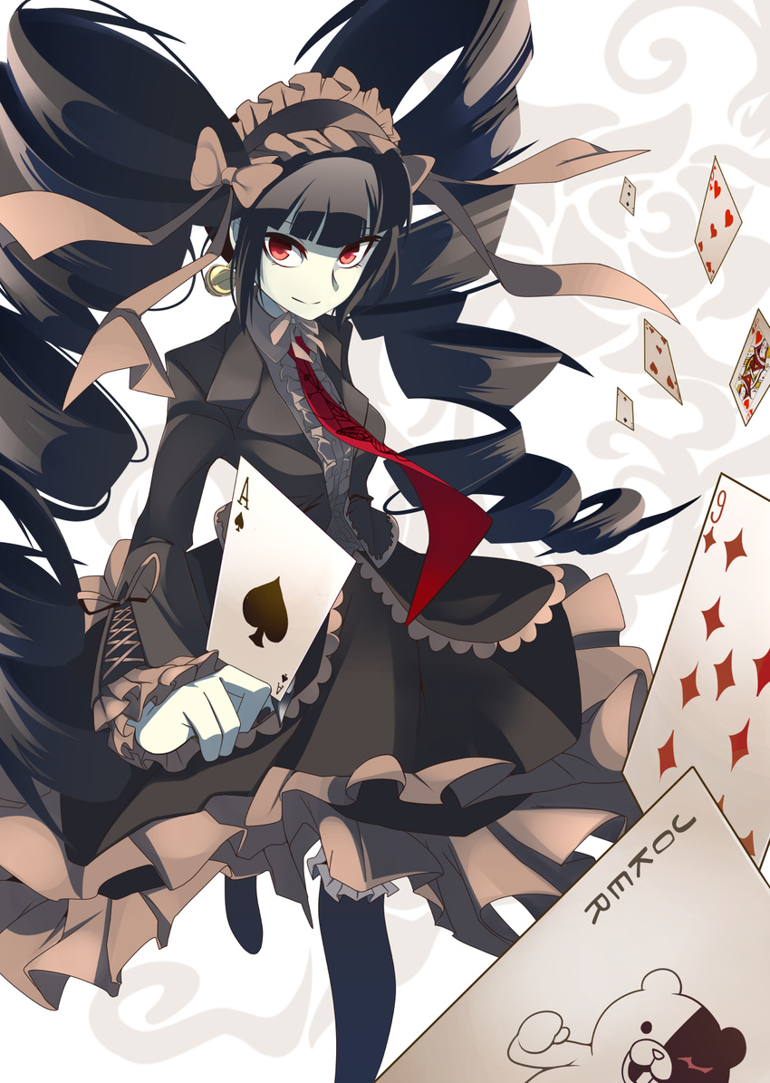 ace_(playing_card) ace_of_spades black_hair black_thighhighs bonnet card celestia_ludenberg commentary_request danganronpa:_trigger_happy_havoc danganronpa_(series) drill_hair female five_of_hearts flower gothic_lolita highres joker_(playing_card) lolita_fashion long_hair monokuma necktie nine_of_diamonds playing_card queen_(playing_card) queen_of_hearts_(playing_card) red_eyes rose smile solo spade_(shape) thighhighs three_of_spades total9 twin_drills twintails two_of_spades