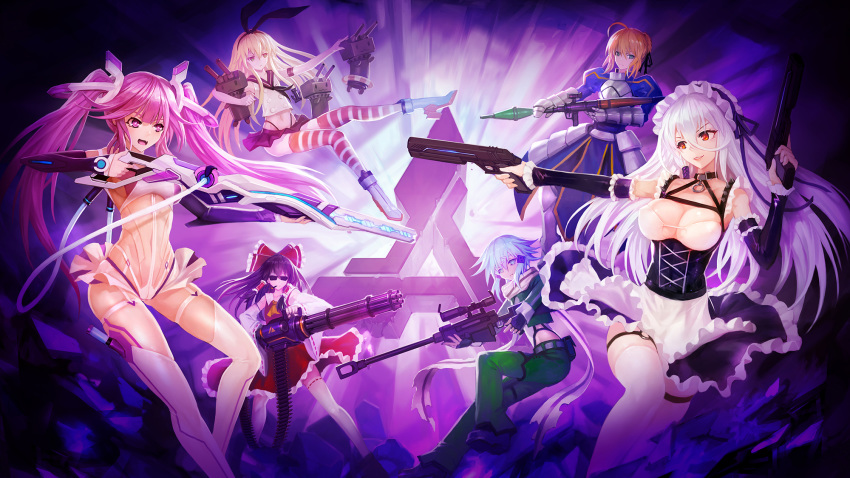 300_heroes armor cleavage crossover dita_(300_heroes) dress fate/stay_night gun hakurei_reimu hanshu heels kantai_collection maid megane rensouhou-chan saber shimakaze_(kancolle) sinon smoking sword_art_online thighhighs touhou weapon