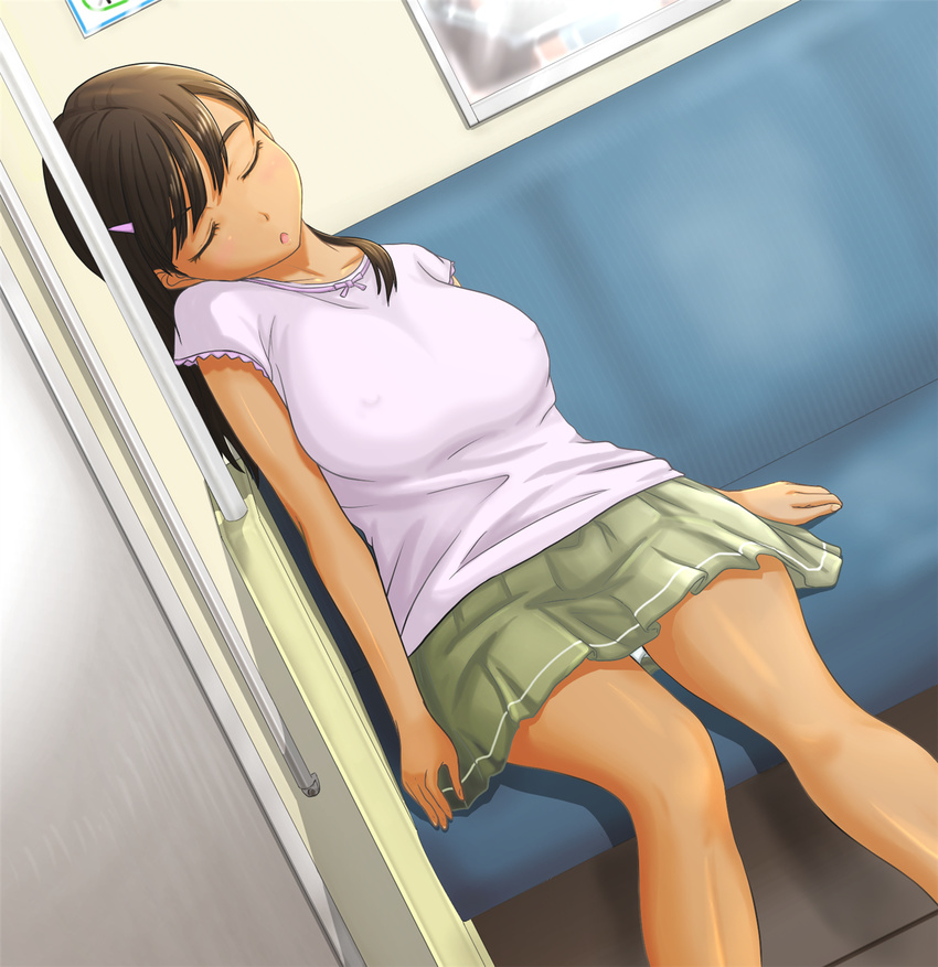 blush breasts brown_hair closed_eyes commentary_request covered_nipples female highres kibino_ido large_breasts original skirt sleeping solo