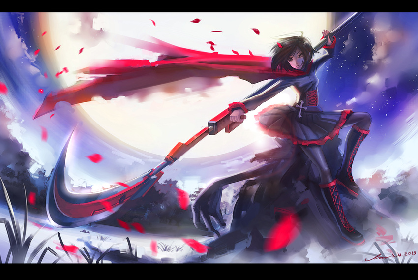 beowolf black_hair boots cape cloud commentary_request crescent_rose cross dated female full_moon grimm_(rwby) inoi letterboxed moon night pantyhose petals photoshop_(medium) ruby_rose rwby scythe short_hair signature skirt solo star_(sky) weapon