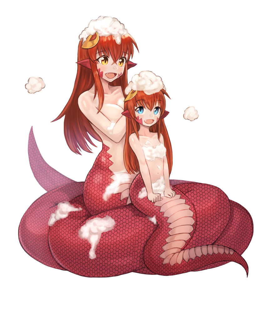 2girls :d absurdres bad_id bad_pixiv_id bare_arms bare_shoulders bath blue_eyes breasts cherry_(snekfag) coiled collarbone commission convenient_censoring full_body hair_between_eyes hair_ornament hairclip highres lamia large_breasts long_hair looking_at_viewer miia_(monster_musume) monster_girl monster_musume_no_iru_nichijou mother_and_daughter multiple_girls navel nude oerba_yun_fang open_mouth original photoshop_(medium) pointy_ears red_hair same-sex_bathing scales shared_bathing simple_background slit_pupils smile soap_bubbles soap_censor sookmo tail washing_hair white_background yellow_eyes