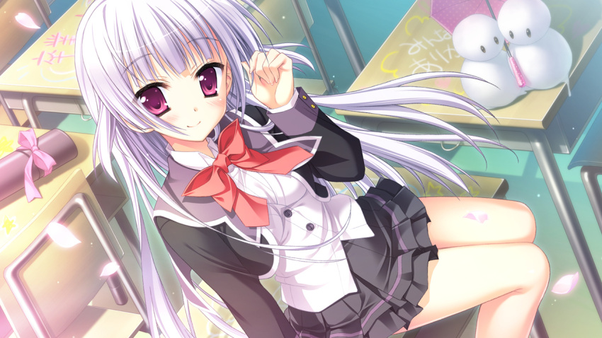 female game_cg gray_hair grey_hair hatsuyuki_sakura hontani_kanae indoors long_hair moribe_(rabumanyo) petals saga_planets school_uniform seifuku solo tamaki_sakura