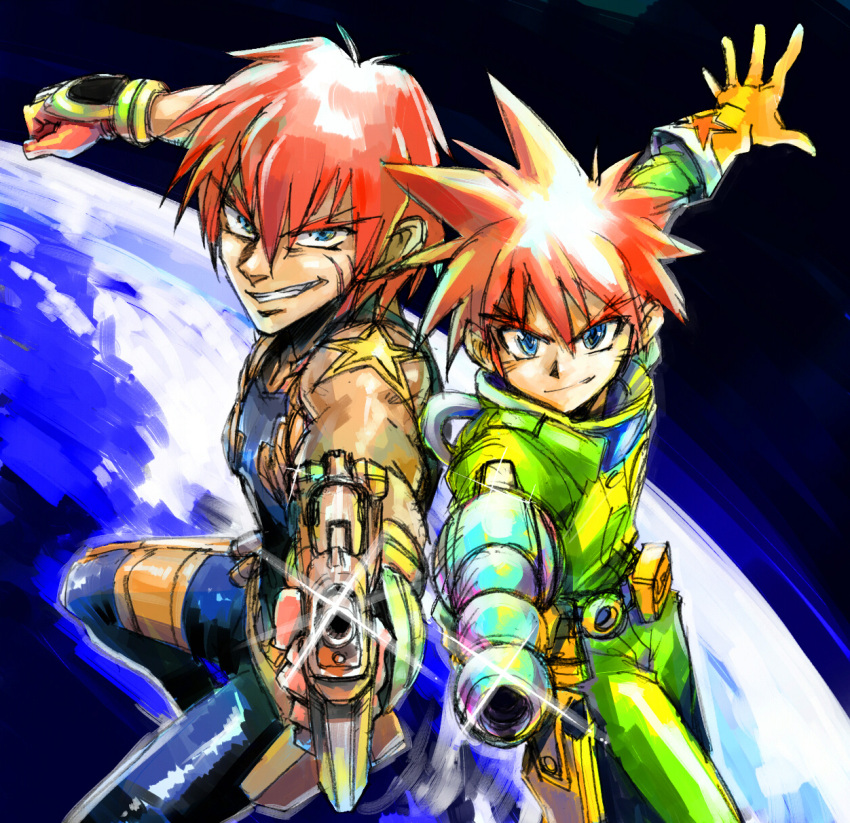 2boys blue_eyes commentary_request crossover eyebrows gene_starwind glint gloves godou_juuji grin gun highres hirokazu male_focus manly multiple_boys outlaw_star planet red_hair smile tattoo uchuu_eiyuu_monogatari weapon