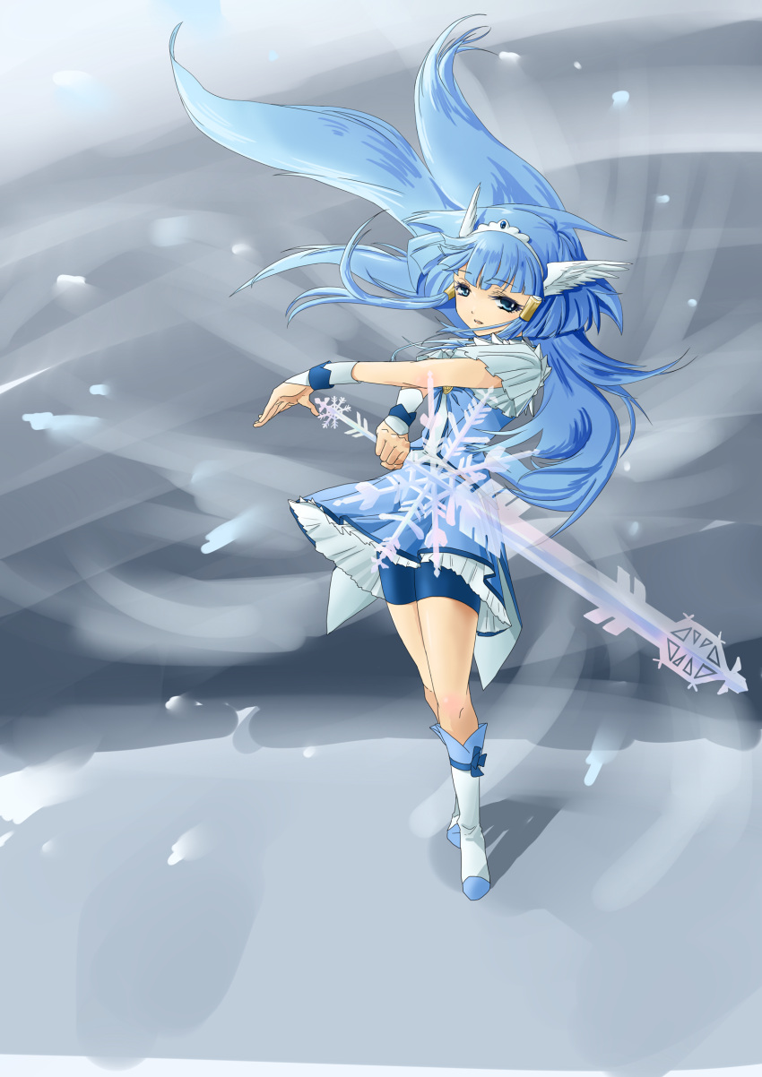 aoki_reika bike_shorts bike_shorts_under_skirt blue_eyes blue_hair blue_shorts blue_skirt blue_theme boots choker commentary_request crystal_sword cure_beauty eyelashes female hair_tubes head_wings highres ice long_hair magical_girl precure sakurai_sanshi shorts skirt smile smile_precure snow snowing solo sword tiara weapon wings wrist_cuffs