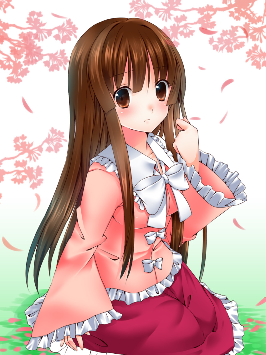 alternate_hair_color arm_up bad_id bad_pixiv_id blouse blush bow brown_eyes brown_hair cherry_blossoms female frills frown gradient_background highres houraisan_kaguya inose_riku long_hair looking_at_viewer shirt sitting skirt sleeves_past_wrists solo touhou tree wide_sleeves yokozuwari