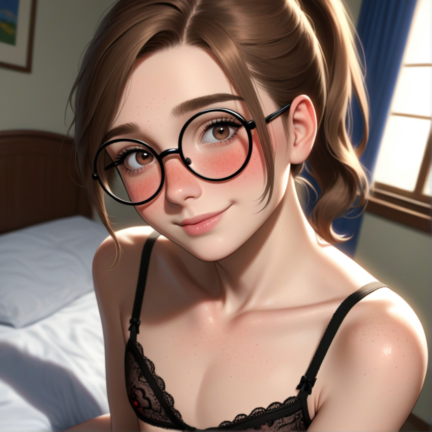 1boy 1femboy above_view ai_generated bed bedroom blush bra brown_eyes brown_hair bushy_eyebrows cute cute_expression emily_(lpyxel) femboy flat_chest flat_chested freckles freckles_on_face from_above girly glasses highres lace_bra lpyxel male_only no_nude non_nude original original_character ponytail round_glasses self_upload sfw shy shy_smile sissy smile thick_eyebrows viewed_from_above