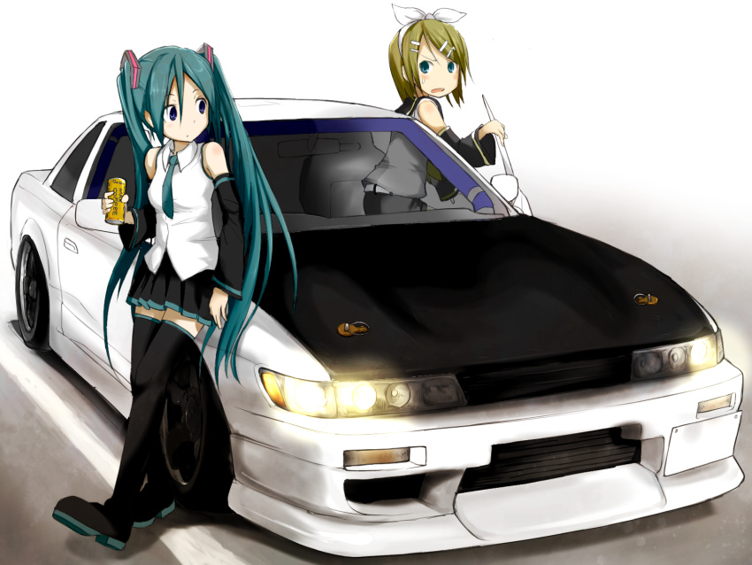 2girls aqua_eyes aqua_hair belt blonde_hair blue_eyes boots can car coffee commentary_request detached_sleeves hair_ornament hair_ribbon hairclip hatsune_miku highres kagamine_rin long_hair motor_vehicle multiple_girls necktie nissan nissan_s13_silvia nissan_silvia open_mouth ribbon skirt sports_car sweatdrop thigh_boots thighhighs twintails vehicle_focus very_long_hair vocaloid xenon_(kona-card)