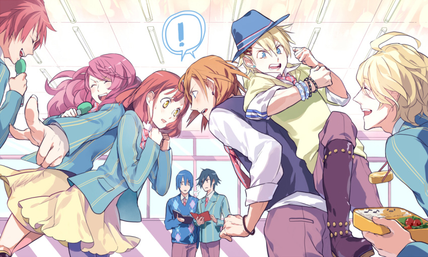 ! 2girls 6+boys blazer blonde_hair blue_eyes blue_hair blush book boots bracelet brown_hair chopsticks closed_eyes commentary_request cornibk earrings food glasses hat hijirikawa_masato ichinose_tokiya ittoki_otoya jacket jewelry jinguuji_ren kurusu_shou long_hair microphone multiple_boys multiple_girls nanami_haruka necktie orange_hair pantyhose pink_hair plaid plaid_skirt red_hair ribbon saotome_academy_school_uniform school_uniform shibuya_tomochika shinomiya_natsuki_(uta_no_prince-sama) short_hair skirt smile uta_no_prince-sama yellow_eyes