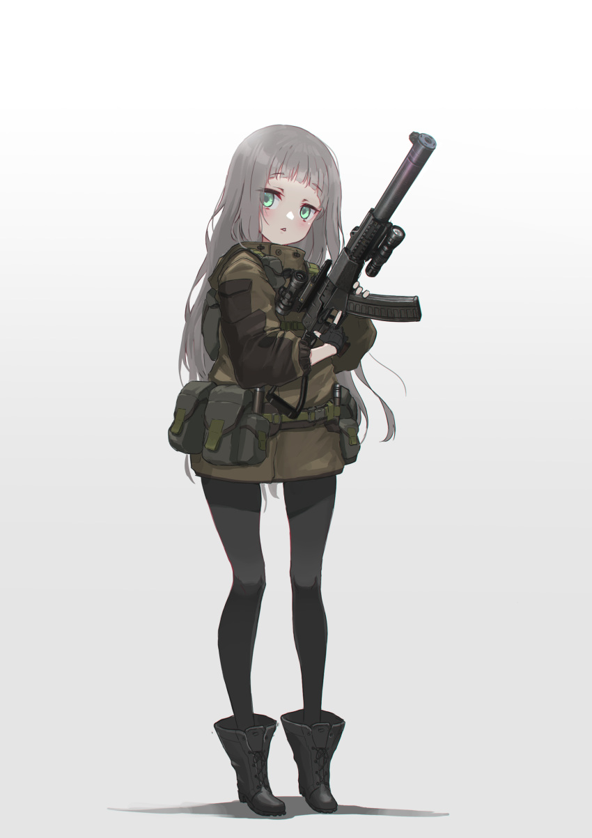 absurdres as_val assault_rifle boots commentary female flashlight full_body gloves gorka green_eyes grey_hair gun highres holding holding_gun holding_weapon jacket kalashnikov_rifle long_hair oota_youjo original pantyhose parted_lips photoshop_(medium) rifle simple_background smersh solo standing suppressor trigger_discipline weapon