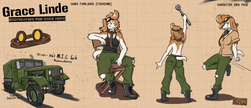 anthro bottomwear brown_body brown_fur brown_hair canid canine canis clothed clothing domestic_dog english_text eyewear facial_markings female foxhound fully_clothed fur goggles grace_linde_(posspowered) green_eyes hair head_markings hi_res hunting_dog mammal markings model_sheet pants posspowered scarf scent_hound sitting smile solo text tools topless torn_bottomwear torn_clothing torn_pants truck white_body white_fur wrench