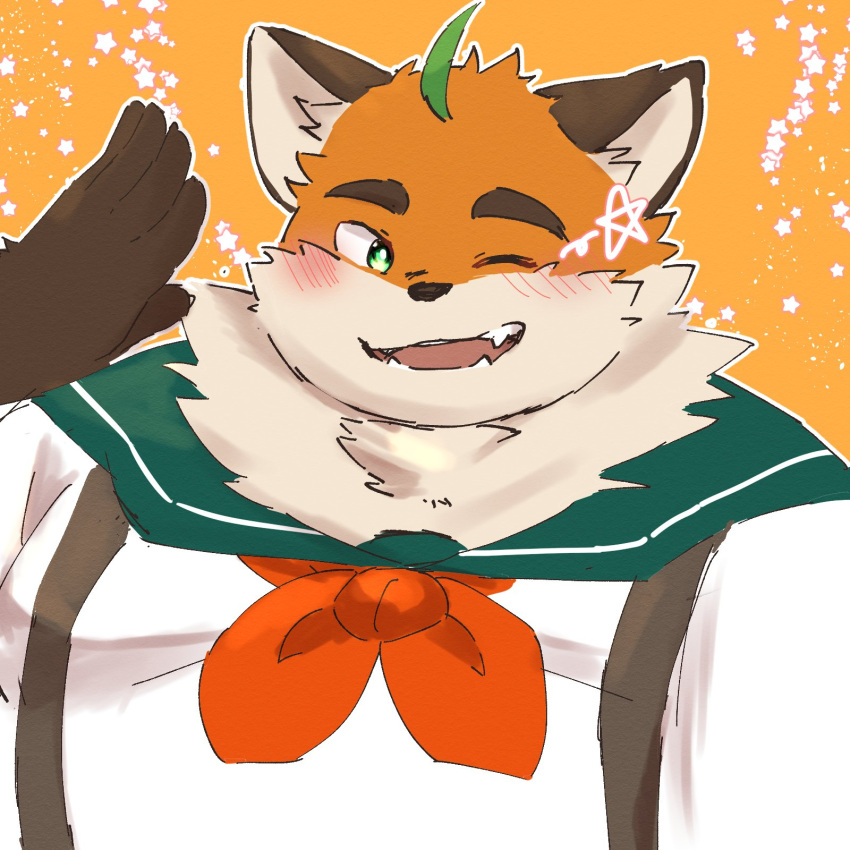 1:1 ahoge anthro blush canid canine fox fur green_eyes hair hi_res iyo_(tamacolle) komu_san8 male mammal one_eye_closed orange_body orange_fur overweight overweight_male smile solo suspenders tamacolle wink