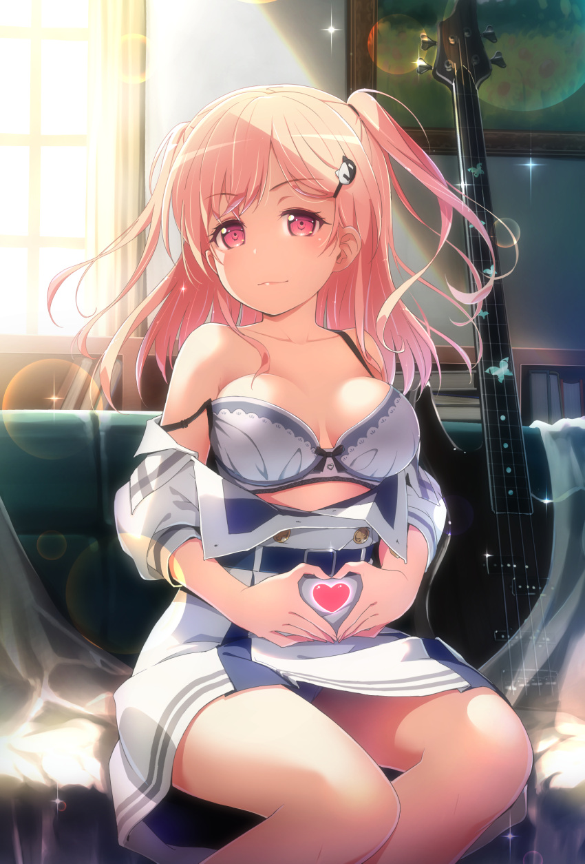 akata_itsuki bang_dream! bare_shoulders bass_guitar belt belt_buckle blue_belt blurry book bow bow_bra bra breasts buckle buttons closed_mouth clothes_pull collarbone commentary_request couch curtains day double-breasted dress dress_pull feet_out_of_frame female glint hair_ornament hairclip heart heart_hands highres hiromachi_nanami indoors instrument lens_flare long_hair looking_at_viewer medium_breasts on_couch panties pantyshot partially_unbuttoned picture_frame pink_eyes pink_hair puffy_short_sleeves puffy_sleeves school_uniform shelf short_sleeves sitting smile solo sparkle strap_slip sunlight tsukinomori_school_uniform two_side_up underwear white_bra white_dress white_panties window