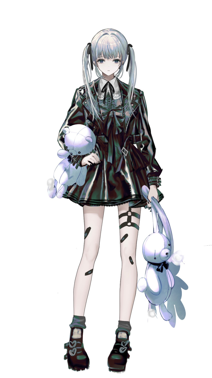 arm_at_side bandaid bandaid_on_leg black_footwear black_jacket black_ribbon black_skirt blunt_bangs boots closed_mouth collared_shirt expressionless female full_body grey_eyes grey_hair hair_ribbon highres hirose_(10011) holding holding_stuffed_toy hugging_object jacket long_hair looking_at_viewer miniskirt neck_ribbon o-ring o-ring_thigh_strap open_clothes open_jacket original ribbon shirt simple_background skirt solo straight-on stuffed_animal stuffed_rabbit stuffed_toy teddy_bear thigh_strap twintails white_background white_shirt